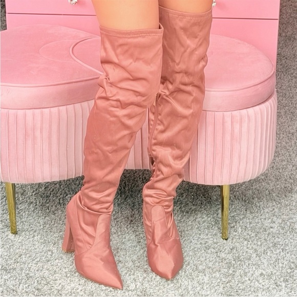 BAMBOO Shoes - Blush Pink Satin Thigh High Heeled Boots Chic Block Heel Side Zip Stretch Fit